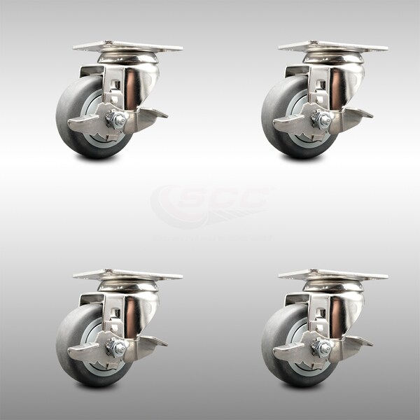 3 Inch 316SS Thermoplastic Rubber Wheel Swivel Top Plate Caster Set with Brake